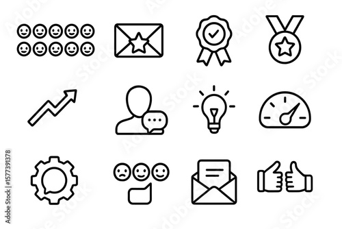 Minimalist icon set featuring email, awards, growth, and feedback elements