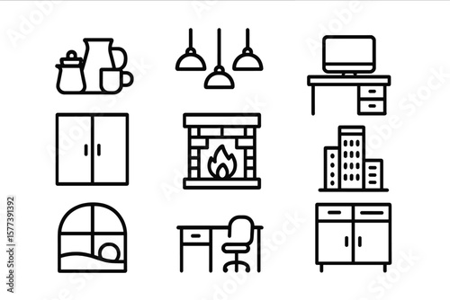 Home interior icons set featuring furniture and decor in linear style