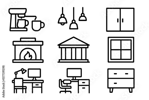 Modern home and office linear icons: furniture, lighting, technology