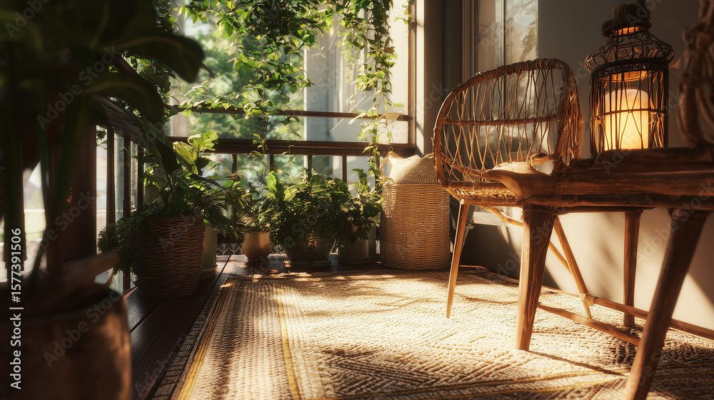 Obraz premium Bright bohemian balcony with cozy rattan chair, colorful cushions, lush potted plants, and soft woven rug — the perfect inviting outdoor retreat filled with warm sunlight.