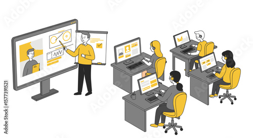 Isometric office training session with diverse employees using technology