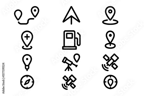 Minimalist black navigation icons on dark background for travel and gps applications