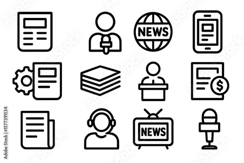 Monochrome media icons set with news, communication, and technology symbols