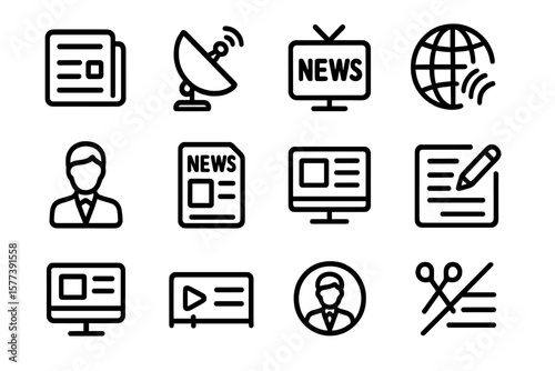 Minimalist media icons set featuring news and communication symbols