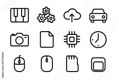 Minimalist black icons set featuring technology and everyday objects