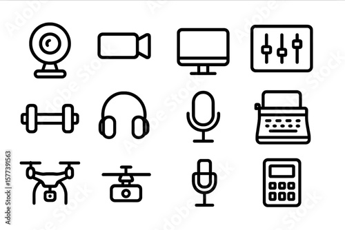Minimalist technology and media icons in dark linear style