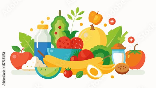 Vector art of a colorful and nutritious collection of fruits, vegetables, and healthy foods in a flat design illustration