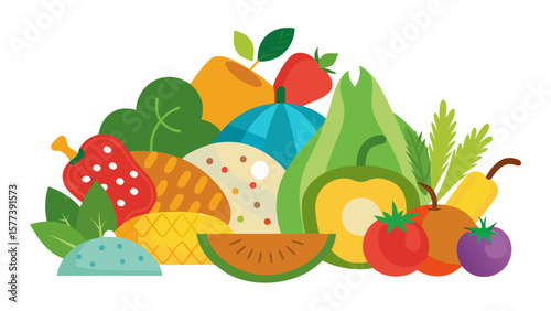 Vector art of a colorful assortment of fresh fruits and vegetables creates a vibrant and healthy still life isolated on white background