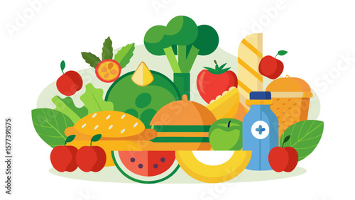 Vector art of a colorful assortment of healthy foods creates a vibrant and nutritious still life isolated on white background