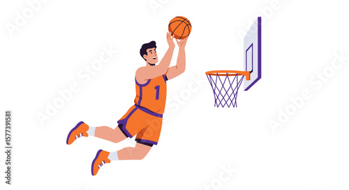 Dynamic basketball player jumping for slam dunk in modern flat style