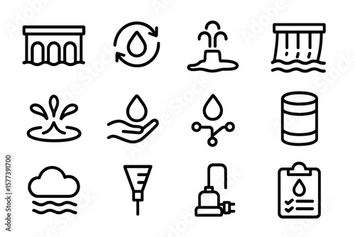 Water management icon set: linear symmetrical black collection