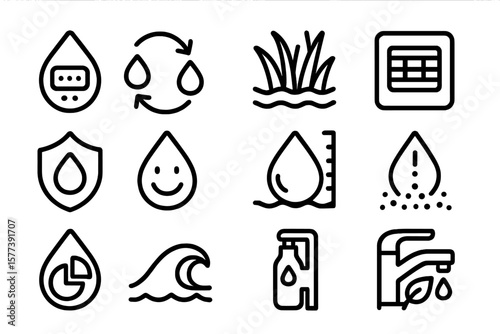 Water conservation and management icons set in linear black style for environmental awareness