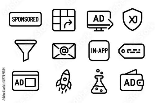 Dark mode linear icons for digital marketing and advertising tools