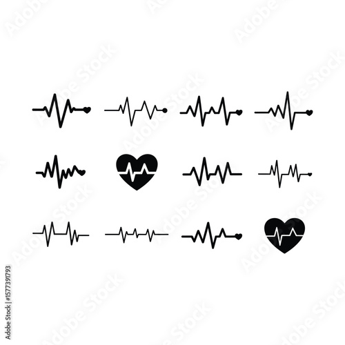 Set of black and white heartbeat and heart rate medical line icons on white background