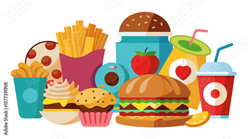 Vector art of a colorful assortment of fast food items including burgers, fries, soda, pizza, and cupcakes isolated on white background