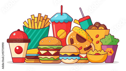 Vector art of a vibrant collection of fast food icons featuring burgers, fries, soda, tacos, and nachos isolated on white background