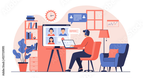 Virtual meeting in home office with modern flat design elements and collaborative tools