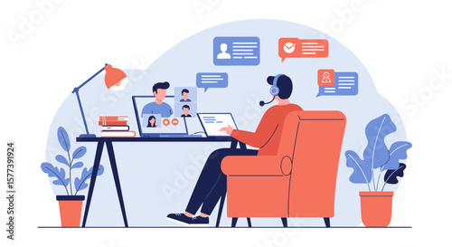 Remote work setup featuring virtual meeting and online collaboration in modern workspace