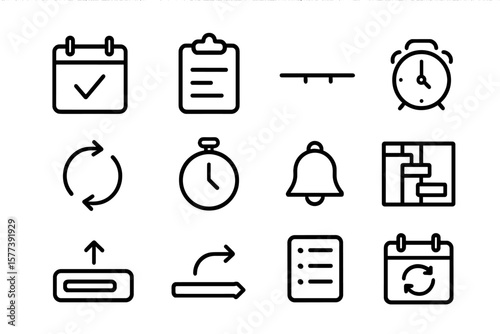 Minimalist linear icons: calendar, alarm, timer, checklist, bell, sync, navigation