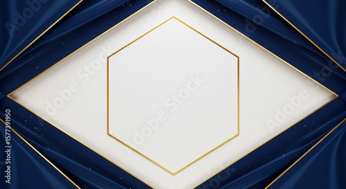 Elegant Navy Blue Fabric with Golden Hexagon Frame on White Background