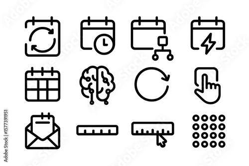 Set of calendar icons in linear style featuring schedules and technology elements