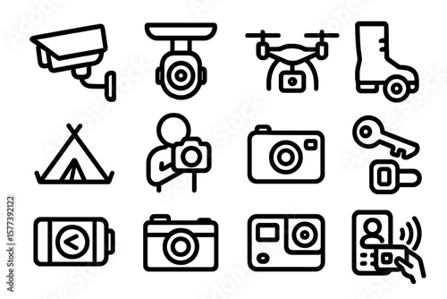 Modern surveillance and photography icons set in monochrome style