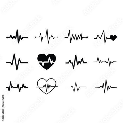 Set of heartbeat waveform icons in black and white representing health and medicine