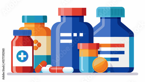 Vector art of an assortment of medicine bottles and pills for various health treatments, isolated on white background