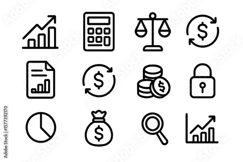 Financial and business icons: growth, security, and calculation in minimalist design
