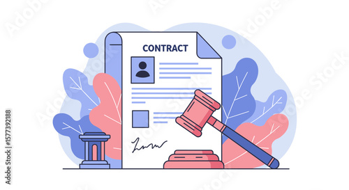 Legal agreement and justice concept with gavel and contract document