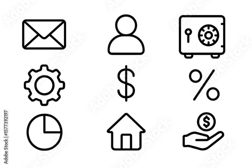 Minimalist black outline icons for business and finance concepts