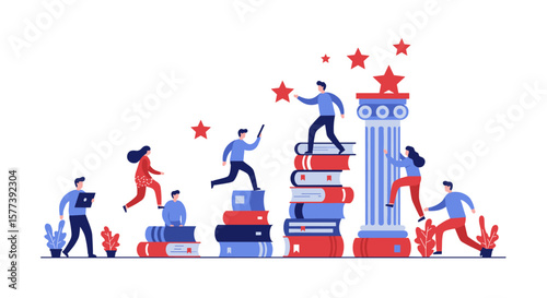 Teamwork and success concept with people climbing books and reaching for stars