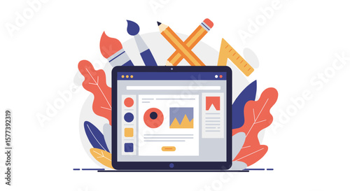 Creative design tools for graphic artists in a flat style with digital tablet and stationery