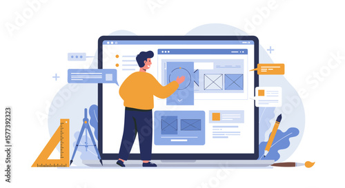 Web design concept with designer at large screen creating wireframes