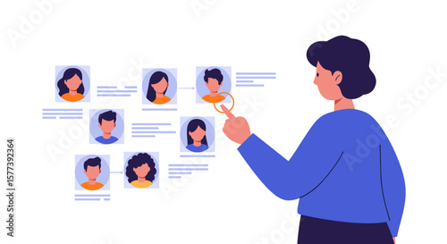 Person reviewing candidate profiles for job recruitment in flat design