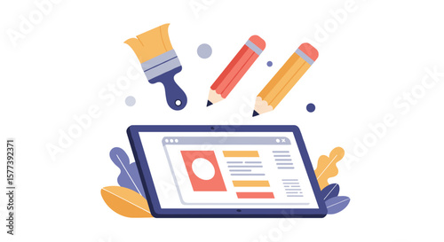 Creative graphic design with digital tablet, paintbrush, and pencils in flat style