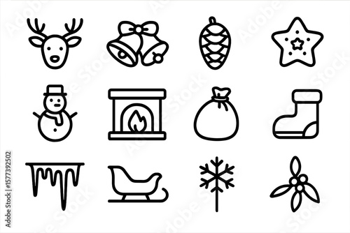 Black outline holiday icons: christmas symbols set with bells, snowman, fireplace