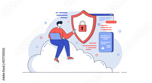 Cybersecurity concept: person with laptop ensuring data protection in digital cloud environment