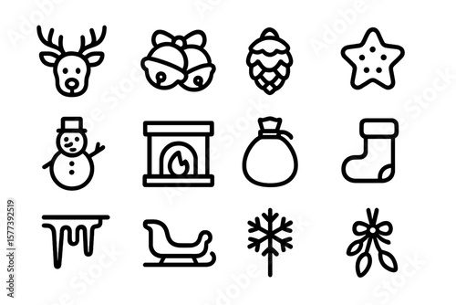 Festive holiday icon set featuring winter and christmas symbols in a modern line art style