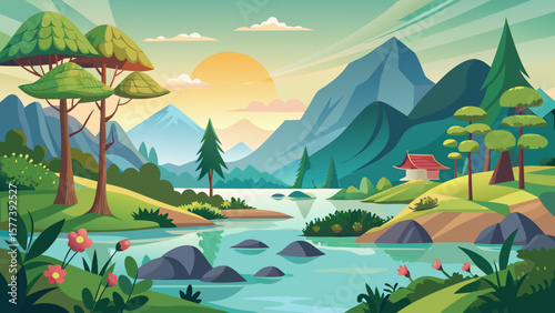 Vector art of a serene landscape features mountains, a river, and lush greenery under a warm sunset sky, creating a peaceful and idyllic scene