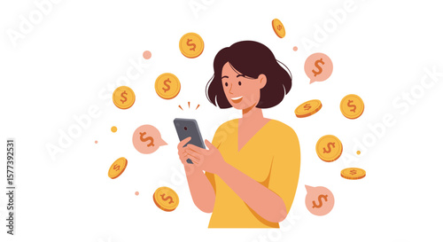 Woman excitedly using smartphone with floating dollar coins animation