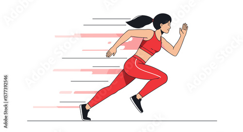 Athletic woman running fast in dynamic flat style