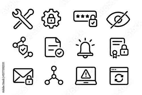 Minimalist security and privacy icons set in dark mode style