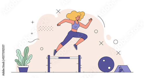 Dynamic fitness jumping: flat style woman leaping over hurdles in active exercise setting