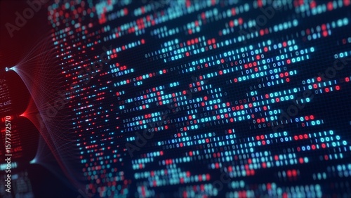 Tableau sur toile Neural Network Big Data Flow Visualization, Binary Code Matrix, AI Machine Learn