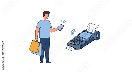Man making wireless payment with smartphone and card reader