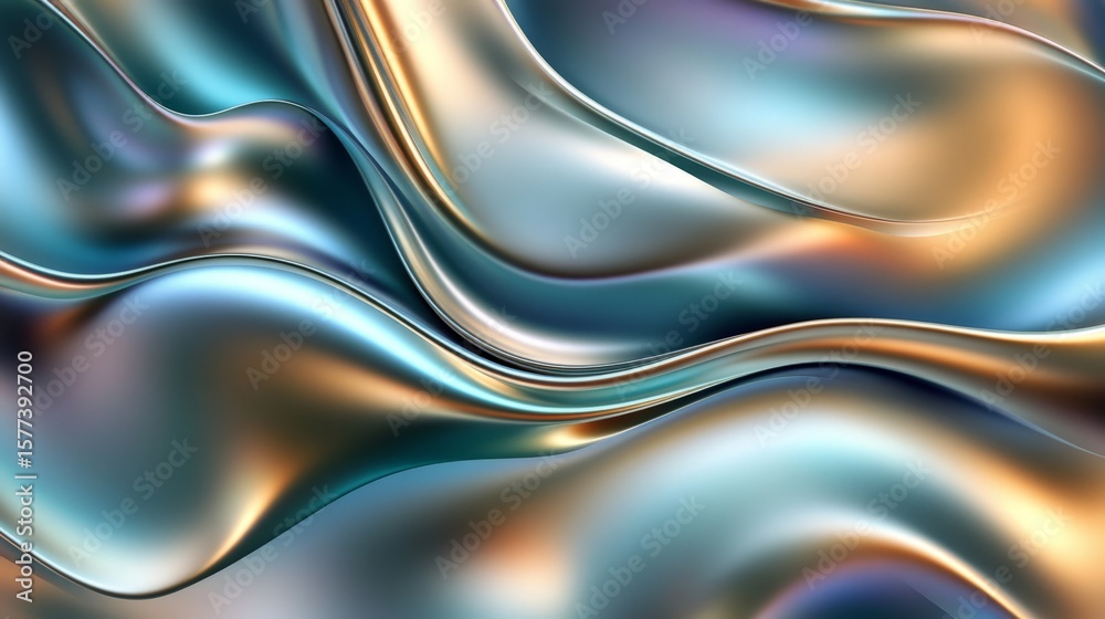 Obraz premium Fluid iridescent background features glossy waves of metallic teal and gold tones, creating a modern, luxury, abstract design.
