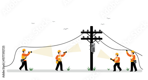 Utility workers in safety gear fixing power lines at night