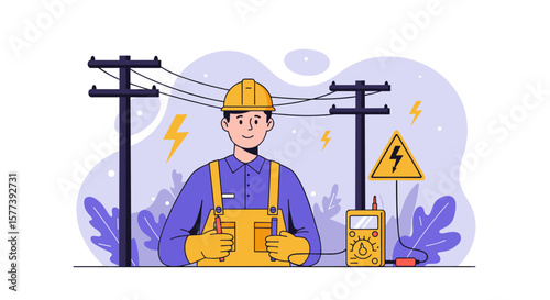 Electric utility worker in safety gear with power lines and tools