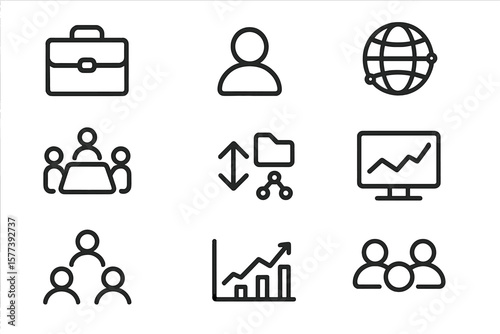 Modern business icon set featuring networking and growth symbols in minimalist style
